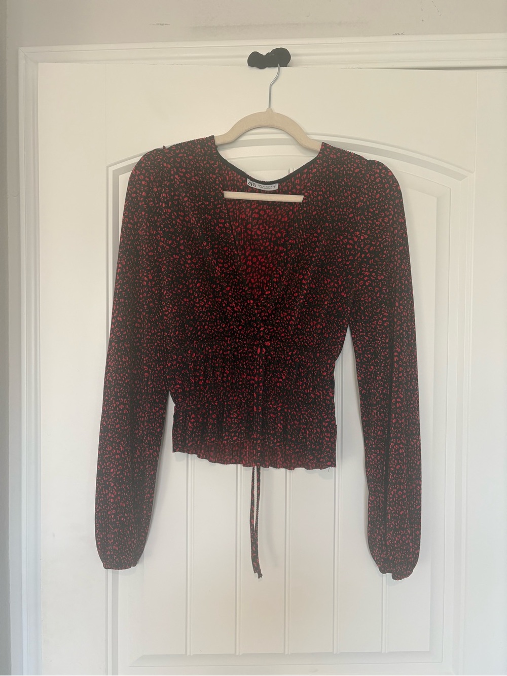 Zara Black Long-Sleeve Red Floral Wrap Blouse